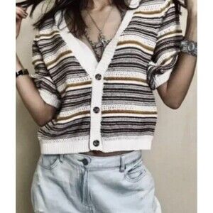 House of Harlow 1960 Cardigan Womens Small Stripe Puff Sleeve Cropped Sweater